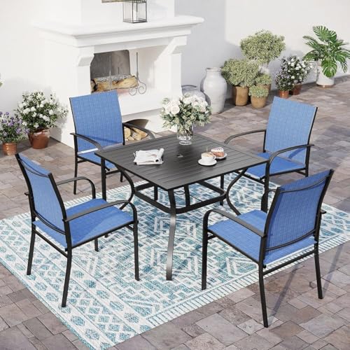 SUNSHINE VALLEY 5 Piece Patio Dining Set for 4, 37”x37” Square Table with Umbrella Hole and 4 Metal Blue Chairs, Outdoor Table and Chairs Set for Lawn Backyard and Deck