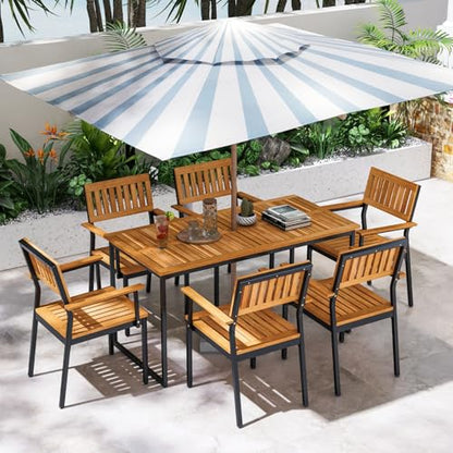 Tangkula 7 Piece Outdoor Dining Set for 6, Acacia Wood Rectangular Dining Table & 6 Armchairs w/Metal Frame, Umbrella Hole, Farmhouse Dining Furniture Set for Garden Porch Poolside Yard