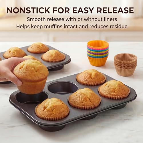 PIGOABZ 2 Pack Jumbo Muffin Pan, 6 Cup Nonstick Texas Muffin Pans with 12 Reusable Silicone Muffin Cups and 100 Paper Liners, Jumbo Cupcake Baking Pans for Large Muffins (X-Large)