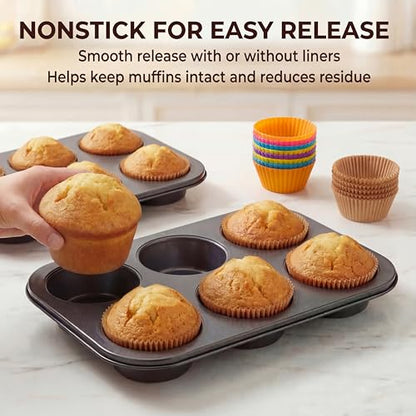 PIGOABZ 2 Pack Jumbo Muffin Pan, 6 Cup Nonstick Texas Muffin Pans with 12 Reusable Silicone Muffin Cups and 100 Paper Liners, Jumbo Cupcake Baking Pans for Large Muffins (X-Large)