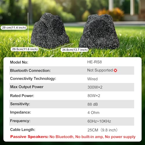 Herdio 8" Outdoor Rock Passive Speakers 600 Watt,IPX7 Waterproof,Hardwired, for Pool,Garden,Deck,Outdoor Activities (Black,Pair)