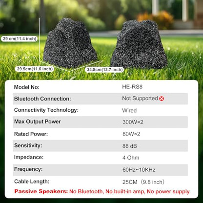 Herdio 8" Outdoor Rock Passive Speakers 600 Watt,IPX7 Waterproof,Hardwired, for Pool,Garden,Deck,Outdoor Activities (Black,Pair)