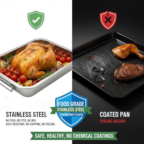 Stainless Steel Roasting Pan with Rack & Handles, 15.6"x11.6"x2.8" Deep - Food Grade No Coating, Dishwasher Safe - Large Roaster for Turkey Chicken Beef Vegetables for Homeowner Kitchen