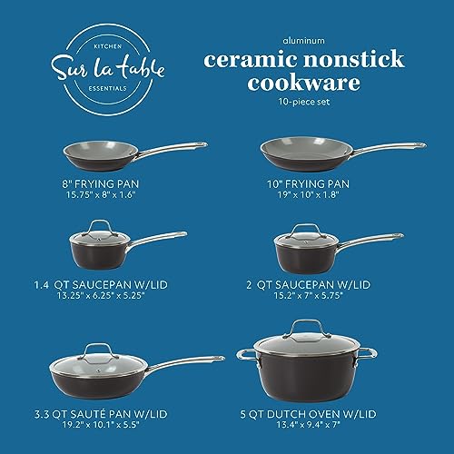 Sur La Table Kitchen Essentials 10 Piece PFA Free Titanium Ceramic Nonstick Interior Forged Aluminum Cookware Pots and Pans Set - Black - Induction Compatible