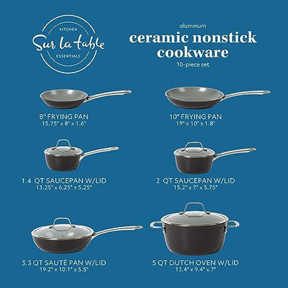 Sur La Table Kitchen Essentials 10 Piece PFA Free Titanium Ceramic Nonstick Interior Forged Aluminum Cookware Pots and Pans Set - Black - Induction Compatible