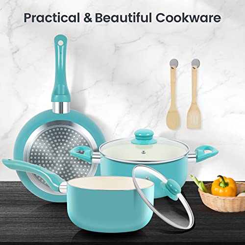 M MELENTA Pots and Pans Set, 7 Piece Nonstick Ceramic Cookware Set, Kitchen Induction Cookware Sets, Pots and Pans Non Stick with Stay Cool Handle, 100% PFOA Free, Turquoise