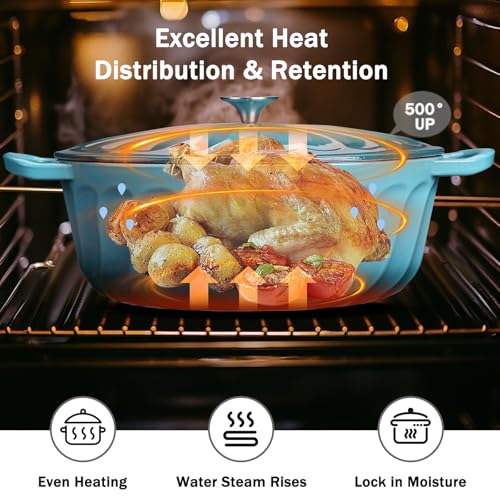 NSIRONS Enameled Dutch Oven Pot with Lid, 7 QT Cast Iron Dutch Oven with Dual Handles, Oval Dutch Oven for Cooking, Bread Baking, Frying, Non-stick Enamel Coated Oven (Blue-Green)