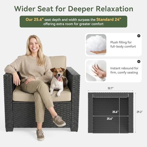 Aoxun 7 Piece Patio Furniture Set with Fire Pit Table, 9 Seats Outdoor Furniture Set with Wicker Ottomans, Rattan Outdoor Sectional Sofa with Thickened Cushion & Waterproof Cover Beige
