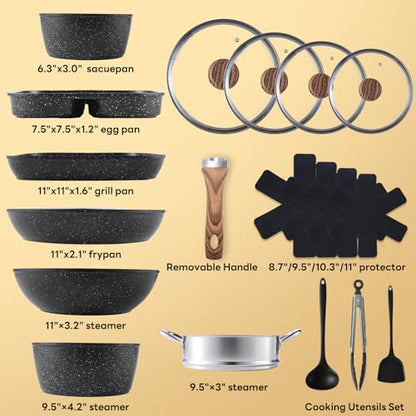 NEWBULIG 17-Piece Pots and Pans Set, Nonstick Cookware Set with Detachable Stay-Cool Handle, Non toxic Induction Kitchen Cooking Set, Dishwasher ＆ Oven Safe, RV Friendly, Black