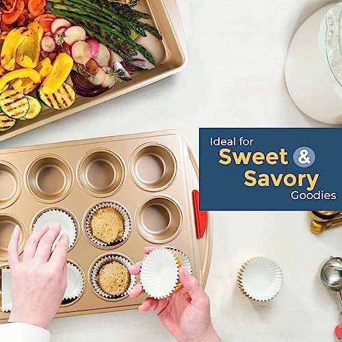 Perlli 10 Piece Baking Set - Nonstick Gold Steel Oven Bakeware With Silicone Handles, Cookie Sheets, Round Cake Pans, 9x13 Pan With Lid, Loaf Pan, Deep Pan, Pizza Crisper, Muffin Pan