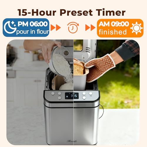 Rosewill 25-in-1 Automatic Bread Maker Machine with 3 Loaf Size up to 2 Lb, 700W High Power Dual Heater Bread Maker with BPA-free Nonstick Coating Pan, Max 15 Hours Delay Timer, Low Noise - Silver
