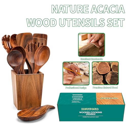 Wooden Spoons for Cooking, Acacia Wood Cooking Utensils Set – 11 Piece Wooden Kitchen Tools with Holder, Spoon Rest, Nonstick Cookware Safe by HOWHONG