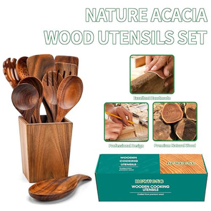 Wooden Spoons for Cooking, Acacia Wood Cooking Utensils Set – 11 Piece Wooden Kitchen Tools with Holder, Spoon Rest, Nonstick Cookware Safe by HOWHONG