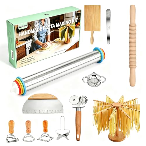 Professional 13 PCS Pasta Making Tools Set,Including Stainless Steel Adjustable Rolling Pin, Pasta Drying Rack, Ravioli Mold Cutter, Pasta Maker Kit for Homemade Fettuccine, Lasagna, Gnocchi, Dumpling