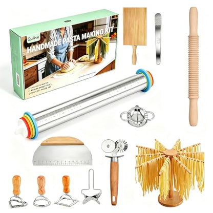 Professional 13 PCS Pasta Making Tools Set,Including Stainless Steel Adjustable Rolling Pin, Pasta Drying Rack, Ravioli Mold Cutter, Pasta Maker Kit for Homemade Fettuccine, Lasagna, Gnocchi, Dumpling
