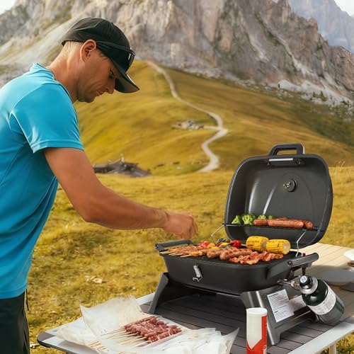 Royal Gourmet GT2006 Portable Tabletop Gas Grill, 12,000 BTU Output for Outdoor Camping, Foldable Legs, Piezo Ignition, Built-in Thermometer, for Tailgates and Camping Trips, Dark Gray