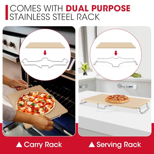 Unicook Pizza Stone for Oven and Grill, 15 x 12 Inch Rectangular Baking Stone for Bread, Cordierite Pizza Pan for Baking Crispy Bread, Pie and Cookies, Includes Carry Rack and Dough Scraper