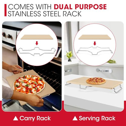 Unicook Pizza Stone for Oven and Grill, 15 x 12 Inch Rectangular Baking Stone for Bread, Cordierite Pizza Pan for Baking Crispy Bread, Pie and Cookies, Includes Carry Rack and Dough Scraper