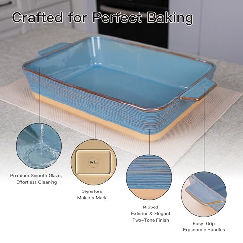Dafuceramic Casserole Dish for Oven, 4.2 QT Baking Dish, 9x13 Large Porcelain Baking Pan, Durable Rectangular Lasagna Pan Deep with Handles, Microwave Oven Safe, Home Decor, Wedding Gift, (Khaki & Blue)