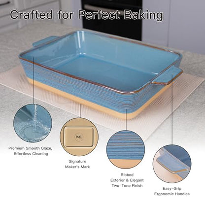 Dafuceramic Casserole Dish for Oven, 4.2 QT Baking Dish, 9x13 Large Porcelain Baking Pan, Durable Rectangular Lasagna Pan Deep with Handles, Microwave Oven Safe, Home Decor, Wedding Gift, (Khaki & Blue)