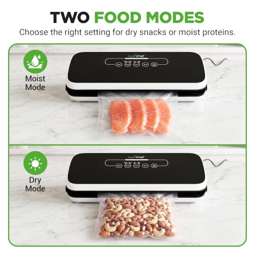 NutriChef Automatic Vacuum Air Sealing System for Food Preservation with Starter Kit, Compact Design, Lab Tested, Dry & Moist Food Modes with Led Indicator Lights, Black