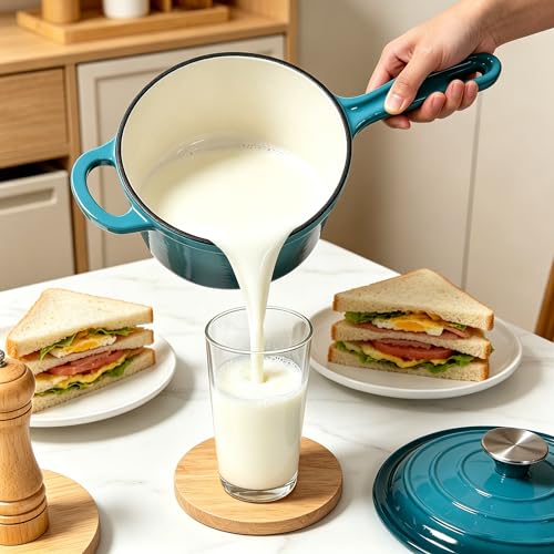 Maldira Enameled Saucepan with Lid, Non Stick Cast Iron Sauce Pan, Dutch Oven Pot (Peacock Blue, 2 Quarts)