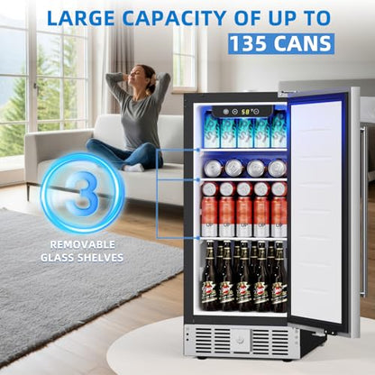 Antarctic Star 15 Inch Undercounter Beverage Refrigerator, 135 Can Built-in or Freestanding Compact Beverage Cooler with Stainless Steel Door, Outdoor Refrigerator for Patio Home Kitchen