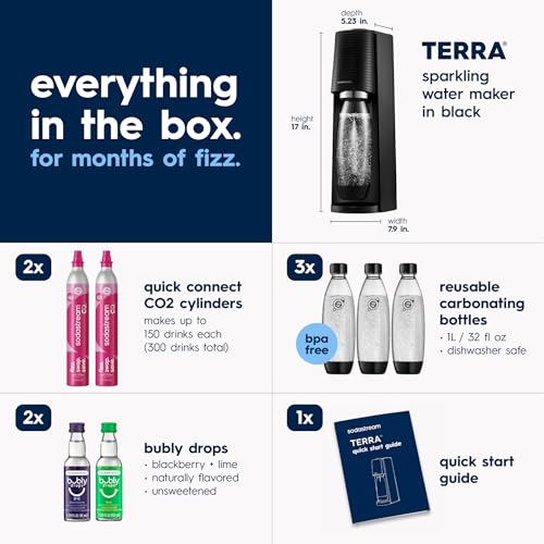 SodaStream TERRA Sparkling Water Maker, Value Bundle, CQC CO2 System, Includes 2 Quick Connect 60L CO2 Cylinders, 3 Dishwasher Safe BPA Free Bottles, 2 bubly Flavor Drops, Make your own Pepsi, Black