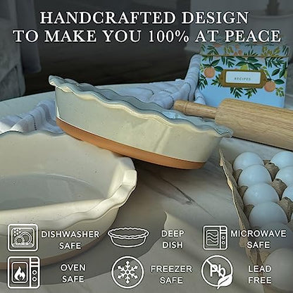Mora Deep Fluted Ceramic Pie Dish for Apple Pie, Quiche, Tart - 9 inch - Modern Farmhouse Style Porcelain - Earl Grey