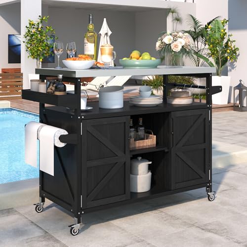 IchbinGo 43.3” Outdoor Kitchen Island with Stainless Steel Top, Solid Fir Wood Workstation with Storage Shelves Heavy Duty BBQ Grill Prep Table & Bar Cart (Black)