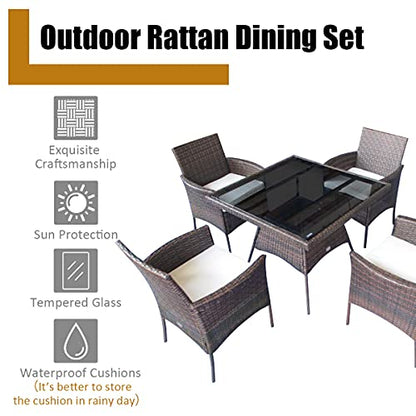 Tangkula 5 Pieces Wicker Patio Dining Set, Outdoor PE Rattan Chairs Table Set with 4 Seat Cushions, Patio Dining Furniture with Tempered Glass Tabletop, Suitable for Porch, Yard