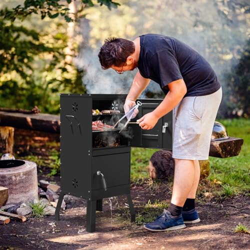 ROVSUN 2-in-1 Outdoor Smoker with Double Doors, Vertical Portable Charcoal Grill with Two Detachable Grill Smoking Racks and Charcoal Pan, Perfect for Camping Barbecue, Black