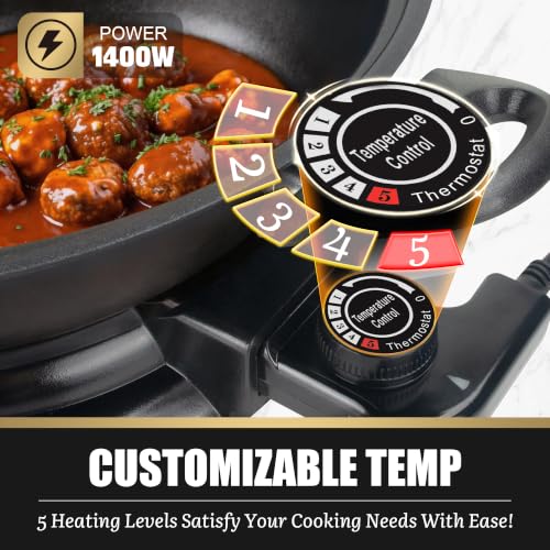 FineMade Electric Wok with Lid, 1400W, Ceramic Coating, Dishwash-safe