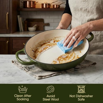 Vintage Style 3 Quart Enameled Cast Iron Braiser, Non Stick Enameled Cast Iron Skillet with Lid, Dutch Oven Skillet with lid up to 500°F for Oven, Stove, Grill, Shallow Dutch Oven for Cook, Bake (Gloden Green)