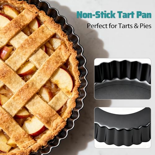 Tart Pan 2 Pack, 9 Inch Non-Stick Carbon Steel Pie Pan, Tart Pans with Removable Bottom -Top 9.5 inches, bottom 9 inches, 1.2 inches deep - Perfect Molds for Making pie, Fruit Tarts with Grooved Edges