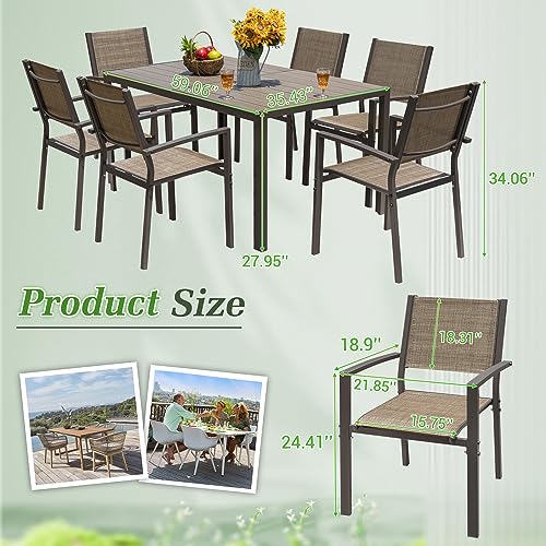 Greesum 7 Piece Outdoor Dining Set Patio Furniture with Rectangular Table & 6 Stackable Chairs Family Conversation for Garden Backyard Deck, Brown