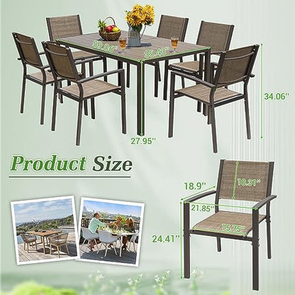 Greesum 7 Piece Outdoor Dining Set Patio Furniture with Rectangular Table & 6 Stackable Chairs Family Conversation for Garden Backyard Deck, Brown