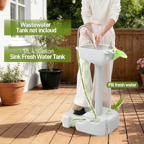 Outvita Portable Camping Sink w/ 19L Water Tank Rolling Wheels Towel Holder Soap Dispenser Faucet, Outdoor Foot Pump Washing Station for RV Boat Travel Picnic Worksit