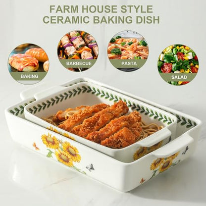 Howise Ceramic Sunflower Baking Casserole Dish with Handles,Large 2 pieces 8x13 inch & 6x10 inch Lasagna Baking Dish and Middle Flower Andplant Baking Pan,Porcelain Serving Bakeware Set
