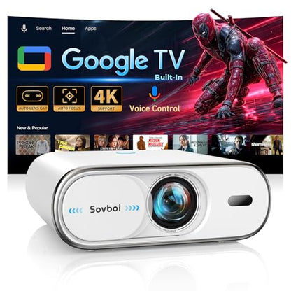 4K Projector with Google TV:3000 Brightness/Auto Lens Cap & 4D Keystone/Auto Focus & AI Voice Control, Sovboi Portable Outdoor Projector with WiFi & Bluetooth, Smart Movie Proyector for Streaming Apps