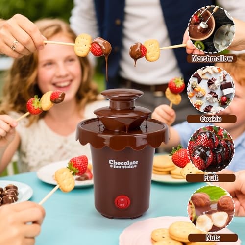Yummy Sam 6oz Mini Chocolate Fountain Machine, 2 Tier Tower Plastic Cheese Electric Fountain BPA Free, Chocolate Melt Machine, for 2-3 People, Parties, 200ml Capacity with 10 Plastic Forks