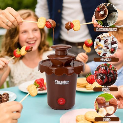 Yummy Sam 6oz Mini Chocolate Fountain Machine, 2 Tier Tower Plastic Cheese Electric Fountain BPA Free, Chocolate Melt Machine, for 2-3 People, Parties, 200ml Capacity with 10 Plastic Forks