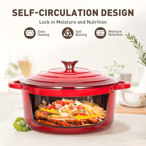 MAISON ARTS 7 Piece Enameled Cast Iron Cookware Set, Heavy Duty Induction Dutch Ovens Pot with Lid, Red Non Toxic Pots and Pans Sets, PFOA-PFOS Free
