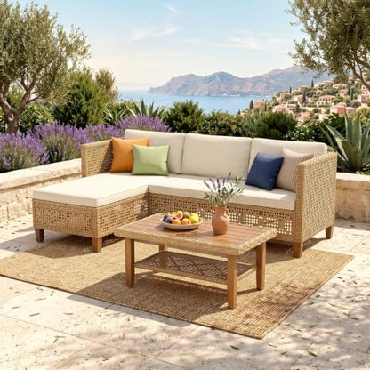 PHI VILLA Outdoor Sectional Couch, Small L-Shaped Patio Sofa Sets, Beige