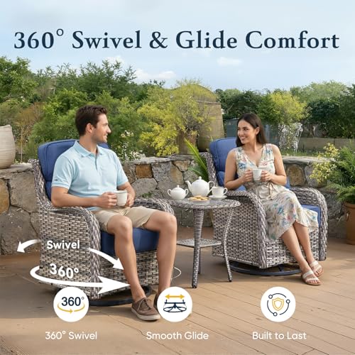 Belord Luxury 6" Thick Cushioned 10 Pieces Patio Furniture Set with Outdoor Couch, Wicker Outdoor Conversation Set with High Back Swivel Rocker Chairs for Deck Porch Yard and Poolside - Grey+Blue