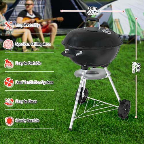 GRILIFE 18 inch Kettle Charcoal BBQ Grill, Perfect Barbecue Gift, Black