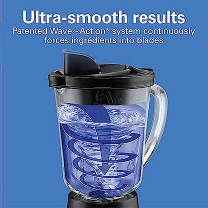 Hamilton Beach Wave Action Blender for Smoothies, Stainless Steel Ice Sabre Blades, 40oz Glass Jar, 800 Watts, Quiet Design, Black (58175)