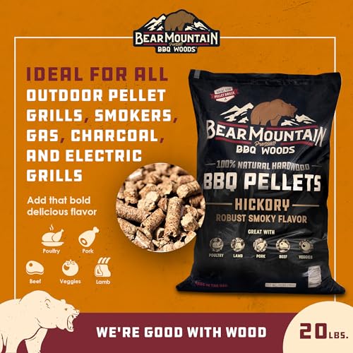 Bear Mountain 2-Pack All Natural Wood Pellets for Smoker, Grill & BBQ, 20 Lbs, Hickory - Premium Hardwood Barbecue Pellets for Indoor and Outdoor Grilling