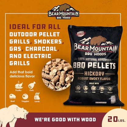 Bear Mountain 2-Pack All Natural Wood Pellets for Smoker, Grill & BBQ, 20 Lbs, Hickory - Premium Hardwood Barbecue Pellets for Indoor and Outdoor Grilling