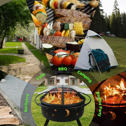 Quilushey 32 Inch Fire Pit Outdoor Fireplace, 2 in 1 Metal Round Firepit for Outside Bonfire Party, BBQ, Camping, Backyard, Patio, Garden, Picnic w/Fire Poker, Spark Screen, Grate, Cover (Moon&Star)
